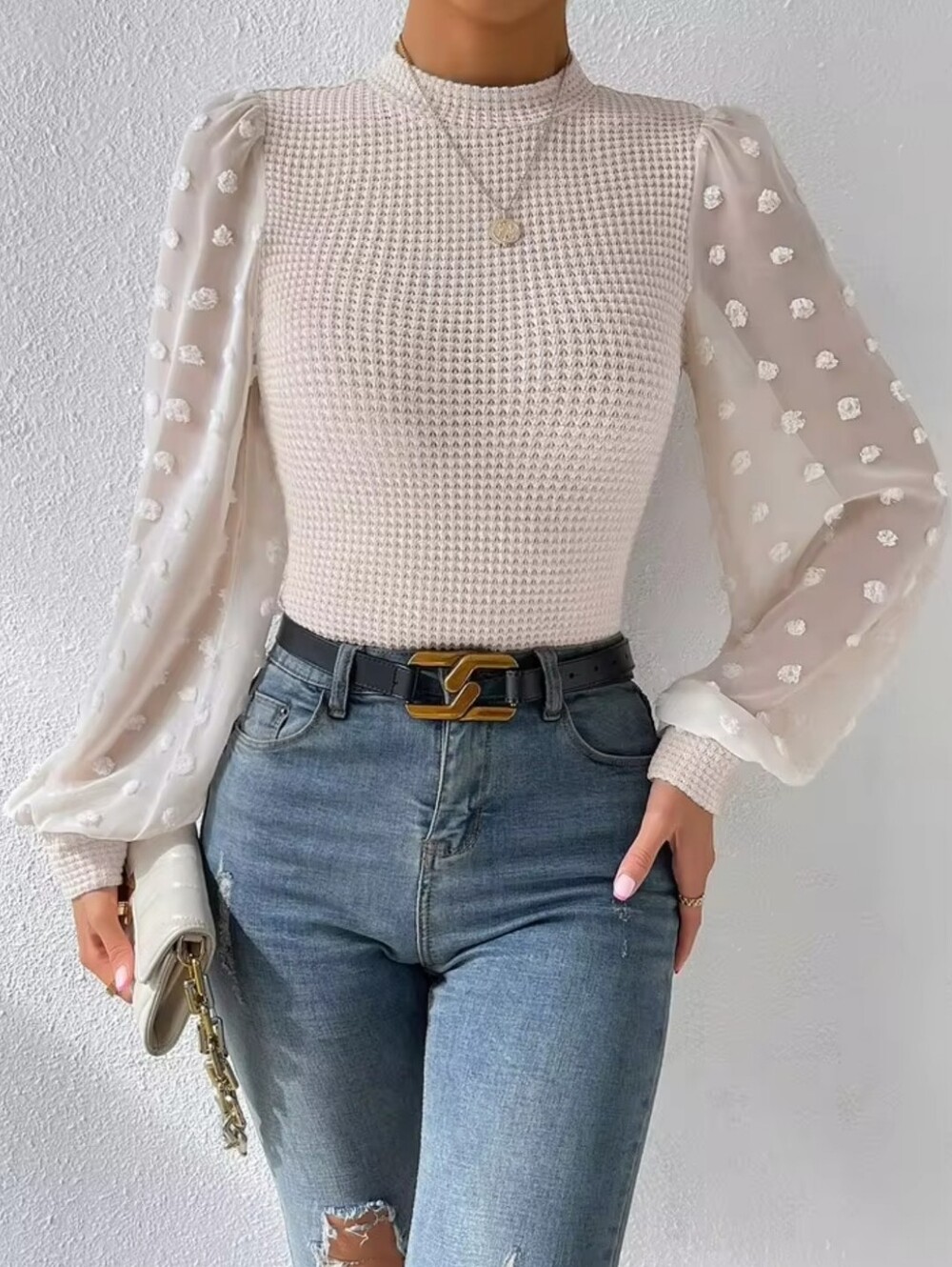 Cream Waffle Knit Sweater with Sheer Pom-Pom Sleeves